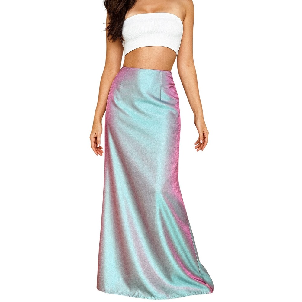 JESSICA McCLINTOCK Y2K Satin Maxi Skirt Light Blue Pink Shimmer Millennium 2